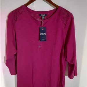 CHAPS 3/4 sleeve blouse with lace detail.